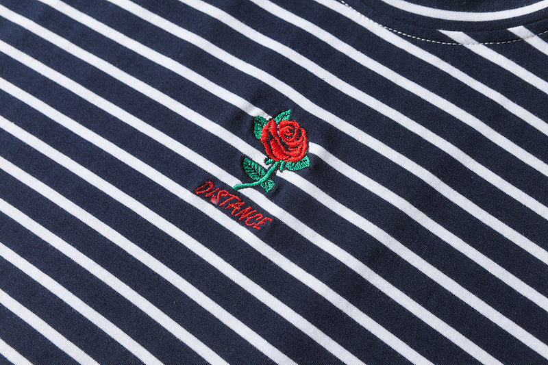 Dark Icon Rose Embroidery Striped T-Shirt