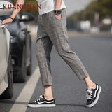 Ankle-Length Linen Plaid Pants