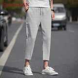 Ankle-Length Linen Plaid Pants