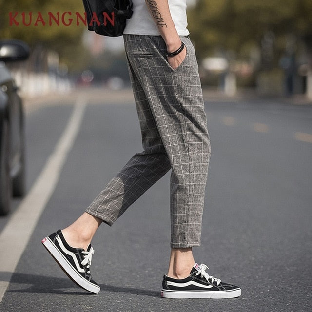 Ankle-Length Linen Plaid Pants